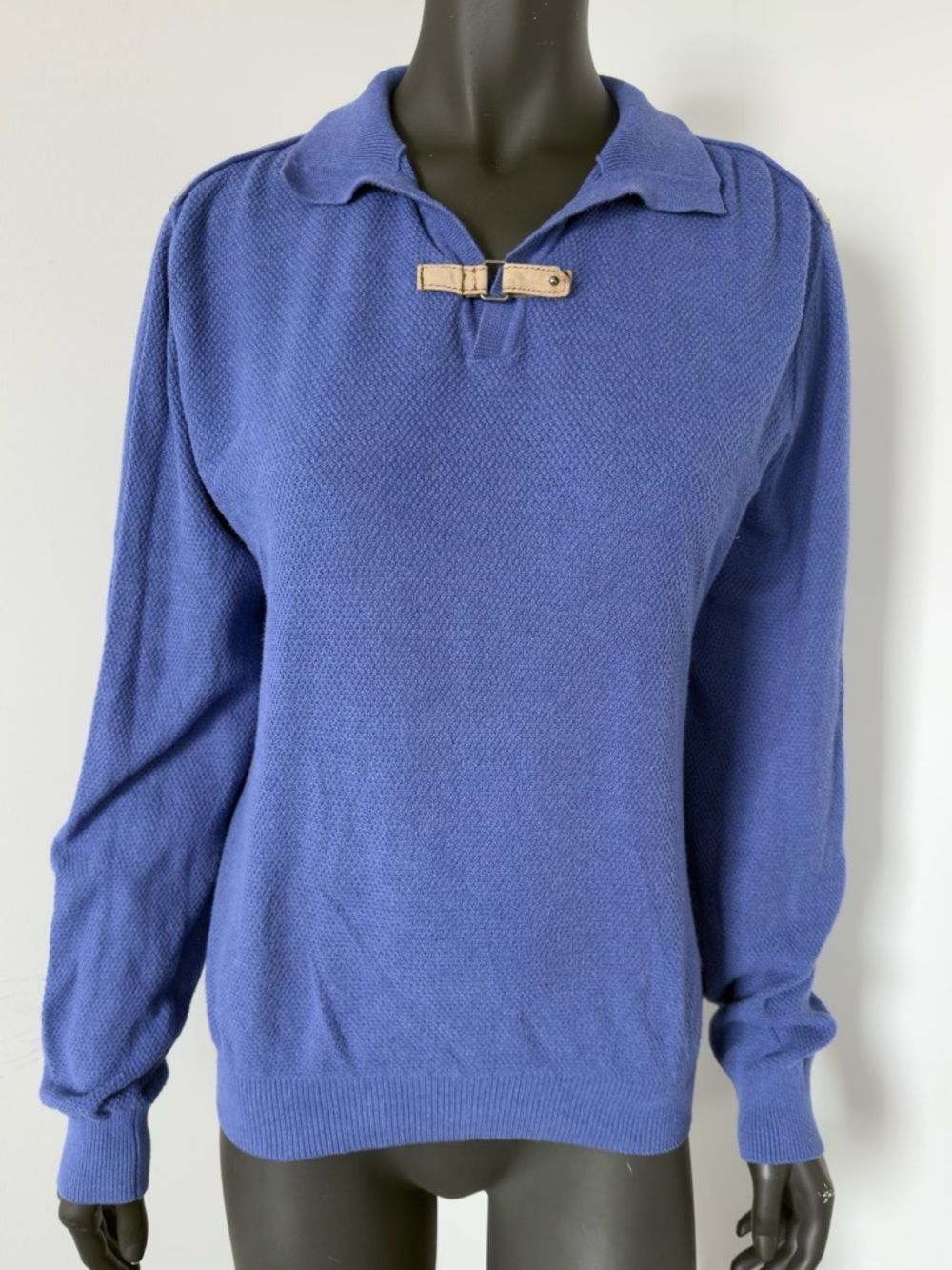 257. Massimo Dutti Cotton-Cashmere Royal Blue Polo Sweater with Buckle Detail